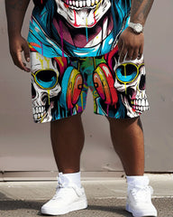 Big Men's Street Fashion Colorful Graffiti Skull Print T-Shirt Shorts Set