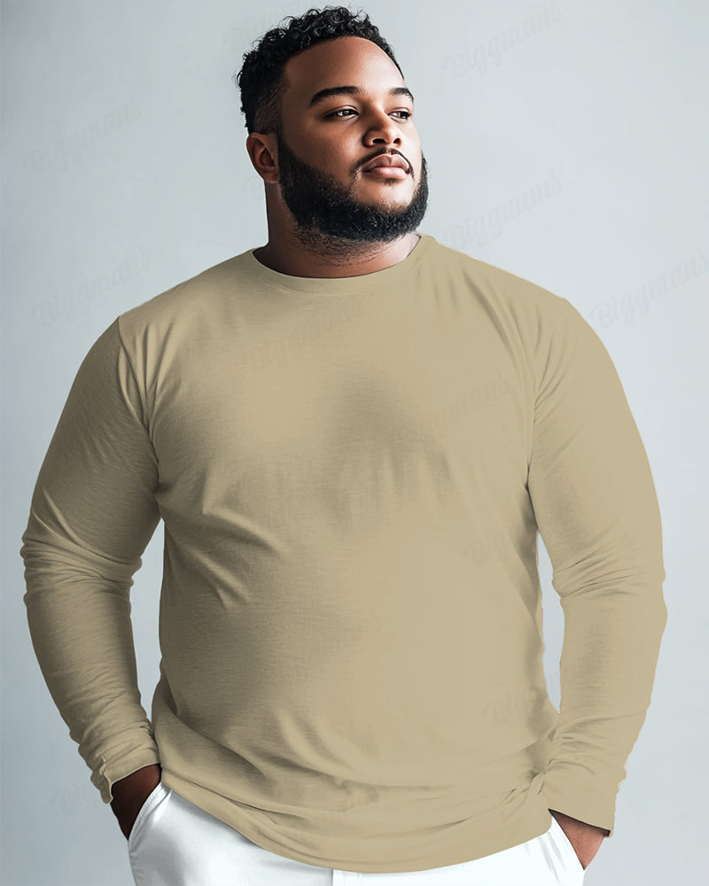 100 Cotton-All-Match Solid Color Men's Loose Big & Tall Long-Sleeved T-Shirt