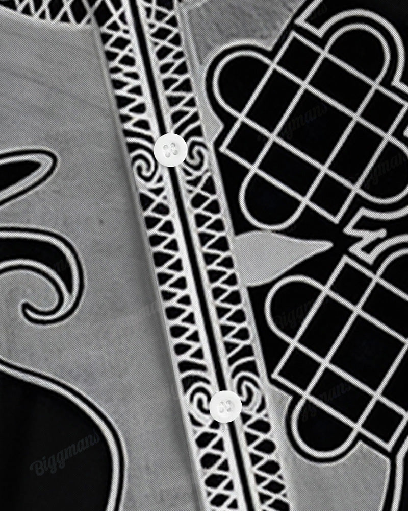 Men's Plus Size Ethnic Silver Pattern Long Sleeve Shirt Two-Piece Set