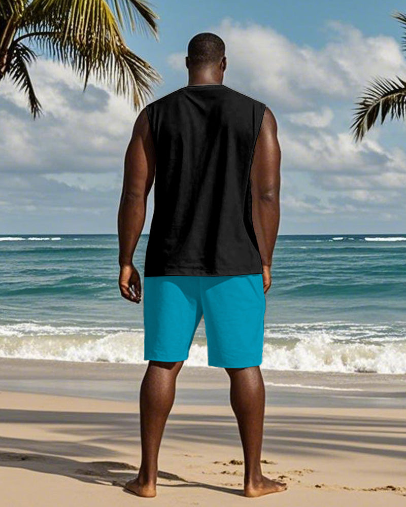 Men's Plus Size Hawaii LOVE LIFE Alphabet Print Tank Shorts Suit