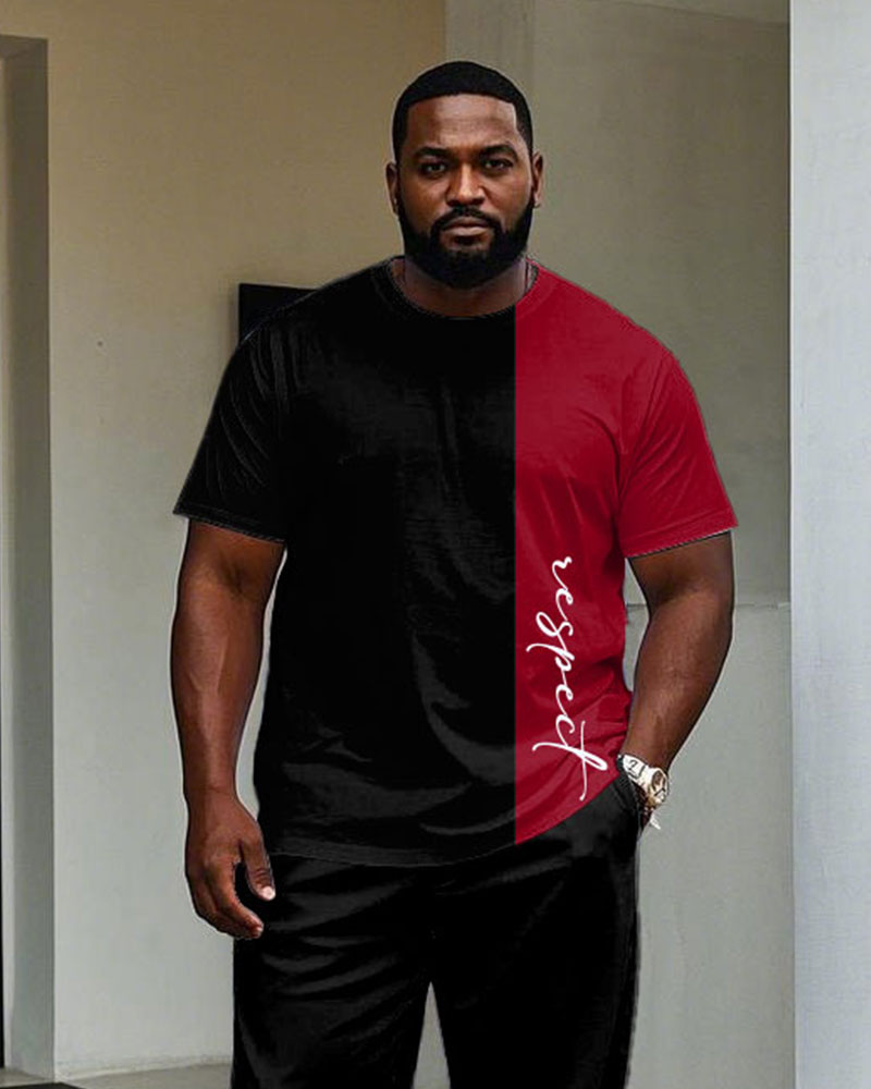Big Men's Black Colorblock Slogan Printed Short-sleeved T-shirt Trousers Set