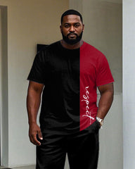 Big Men's Black Colorblock Slogan Printed Short-sleeved T-shirt Trousers Set