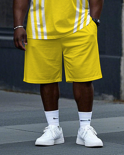 Big Men's Daily Casual Simple White Stripe Printed Short Sleeve T-Shirt Shorts Set