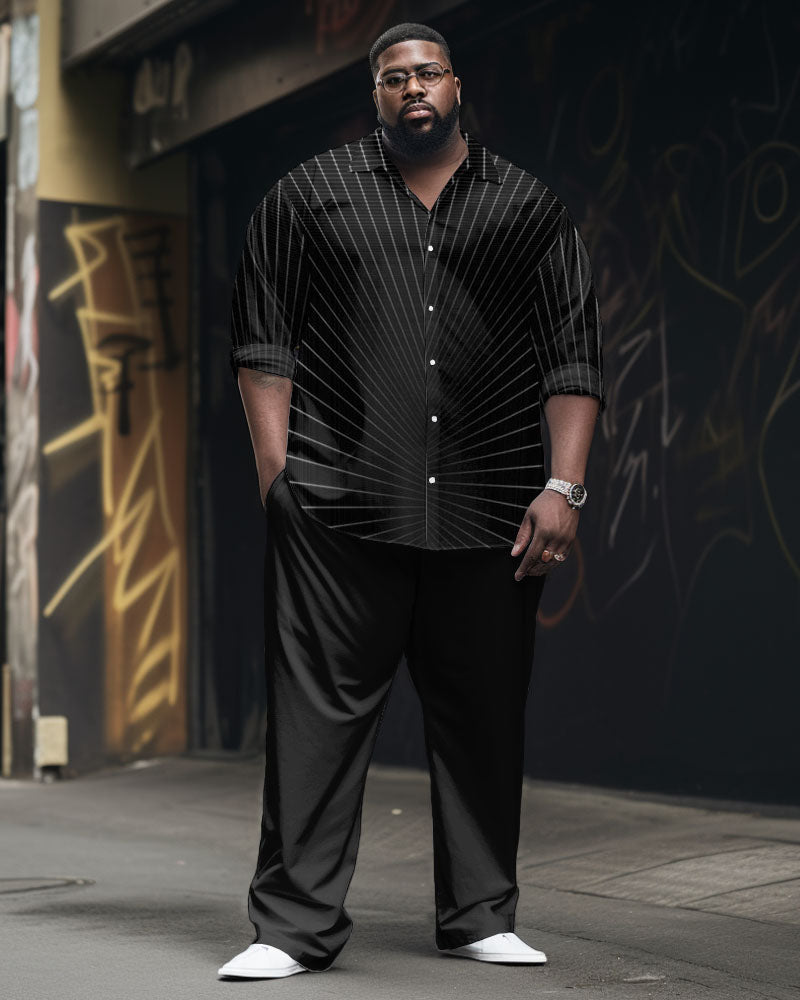 Big Men's Casual Business Line Long Sleeve Shirt Trousers Set