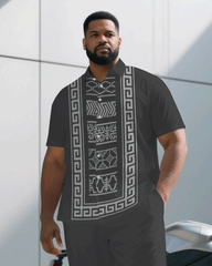 Big & Tall Men's Business Red & Grey Retro Pattern Symmetrical Printed Short Sleeve Shirt Pants Suit