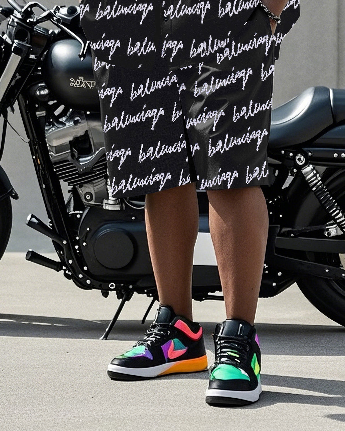 Big Man's Motorcycle Style Daily Casual English Color Block Printing Short Sleeve Shirt Shorts Suit