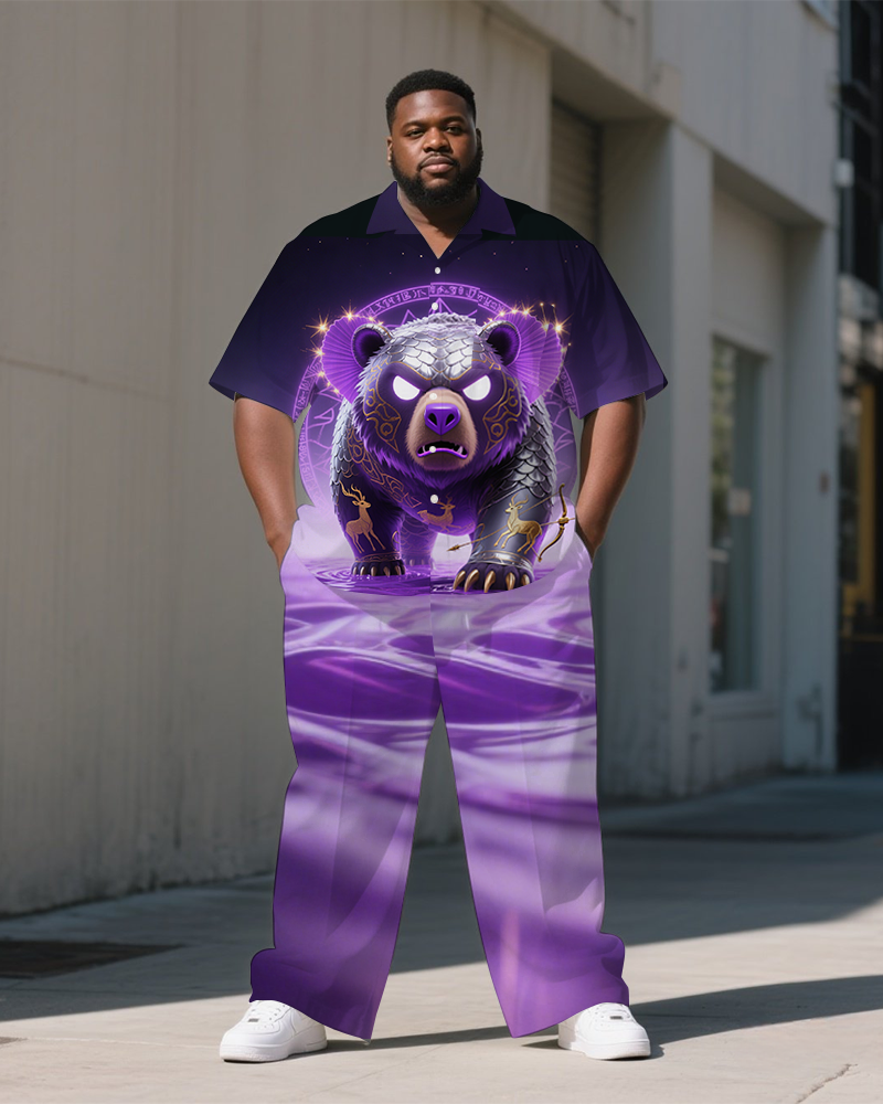 Big Man's Casual Magic Bear Romantic Gradient Style Fashion Short Sleeve Shirt Pants Set