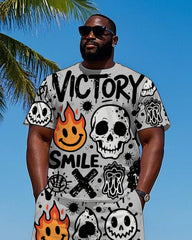 Big Men's Street Fashion Humor Skull Hip Hop Letter Printed Short Sleeve T-Shirt Shorts Set