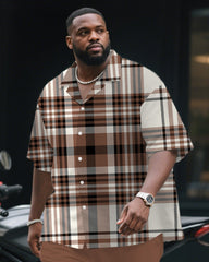 Men's Plus Size Business Brown Classic Plaid Print Short Sleeve Shirt Trousers Suit