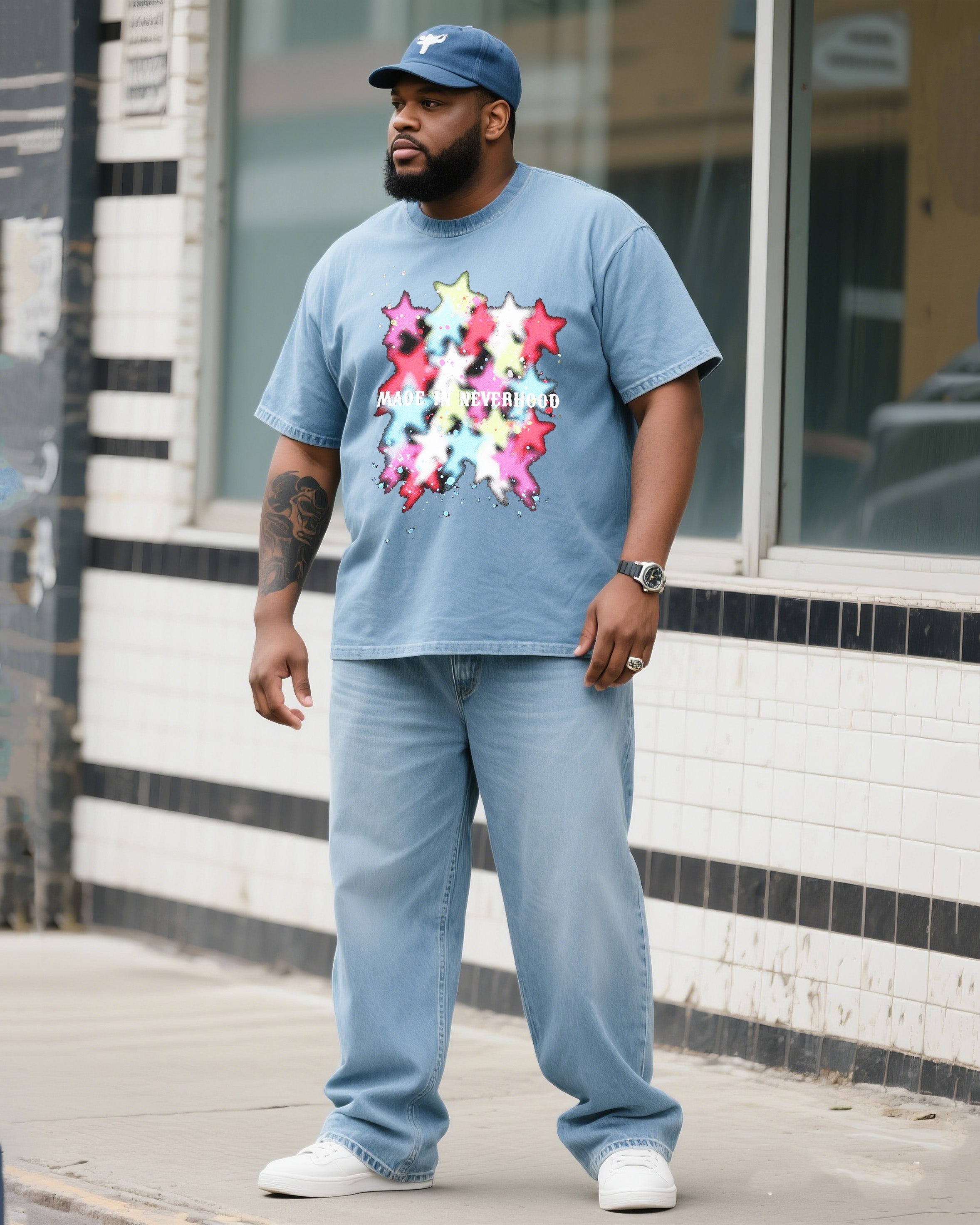 Plus Size Men's Daily Casual Color Star Denim T-shirt Pants Suit