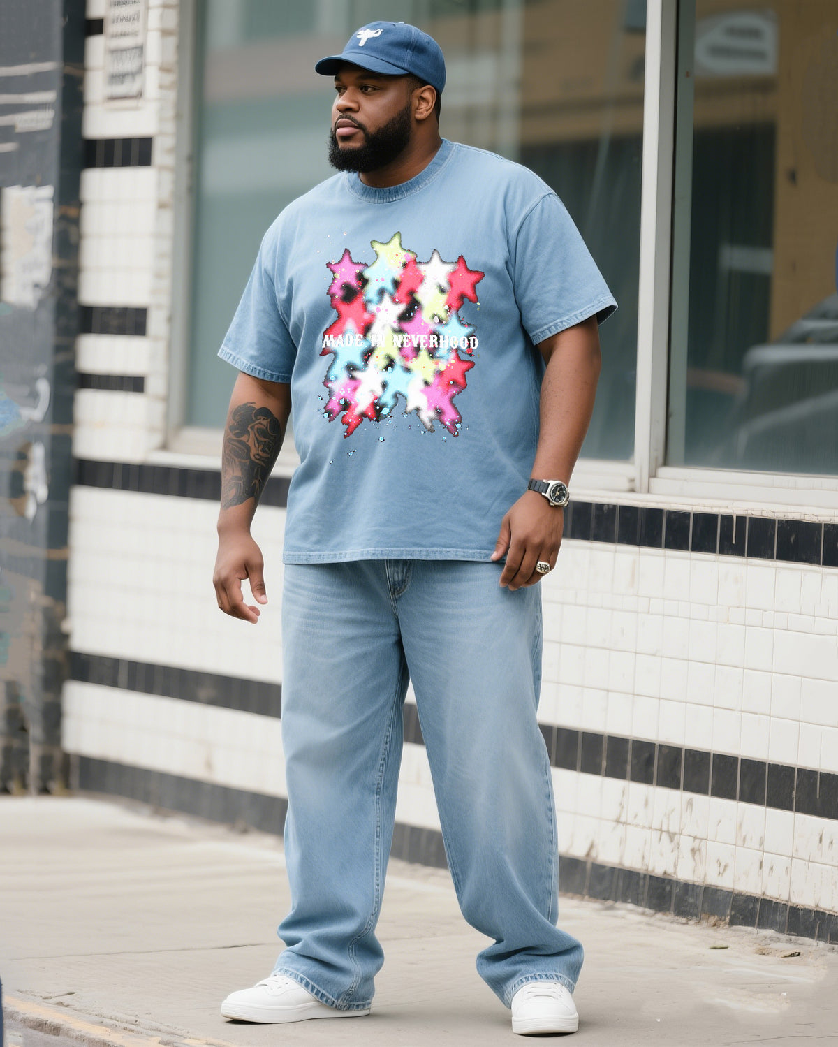 Plus Size Men's Daily Casual Color Star Denim T-shirt Pants Suit