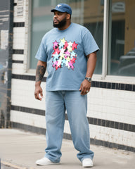 Plus Size Men's Daily Casual Color Star Denim T-shirt Pants Suit
