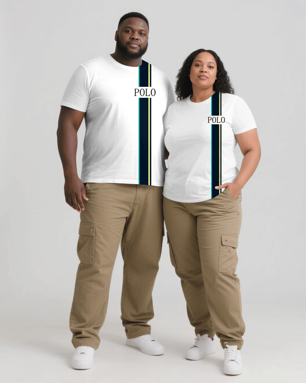 Big & Tall Men's White & Khaki Simple Stitching POLO Slogan Printing Men's And Women's Crewneck Short Sleeve T-Shirts & Covers Pants Pants Couple's Suit