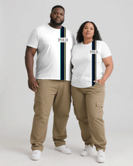 Big & Tall Men's White & Khaki Simple Stitching POLO Slogan Printing Men's And Women's Crewneck Short Sleeve T-Shirts & Covers Pants Pants Couple's Suit