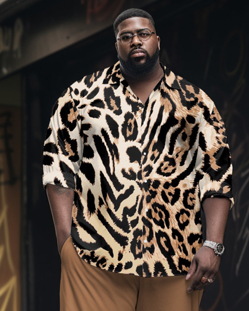 Leopard Print Sleeve Lel Shirt 2-Piece Set Men's Plus Size