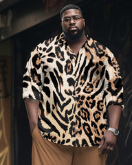 Leopard Print Sleeve Lel Shirt 2-Piece Set Men's Plus Size
