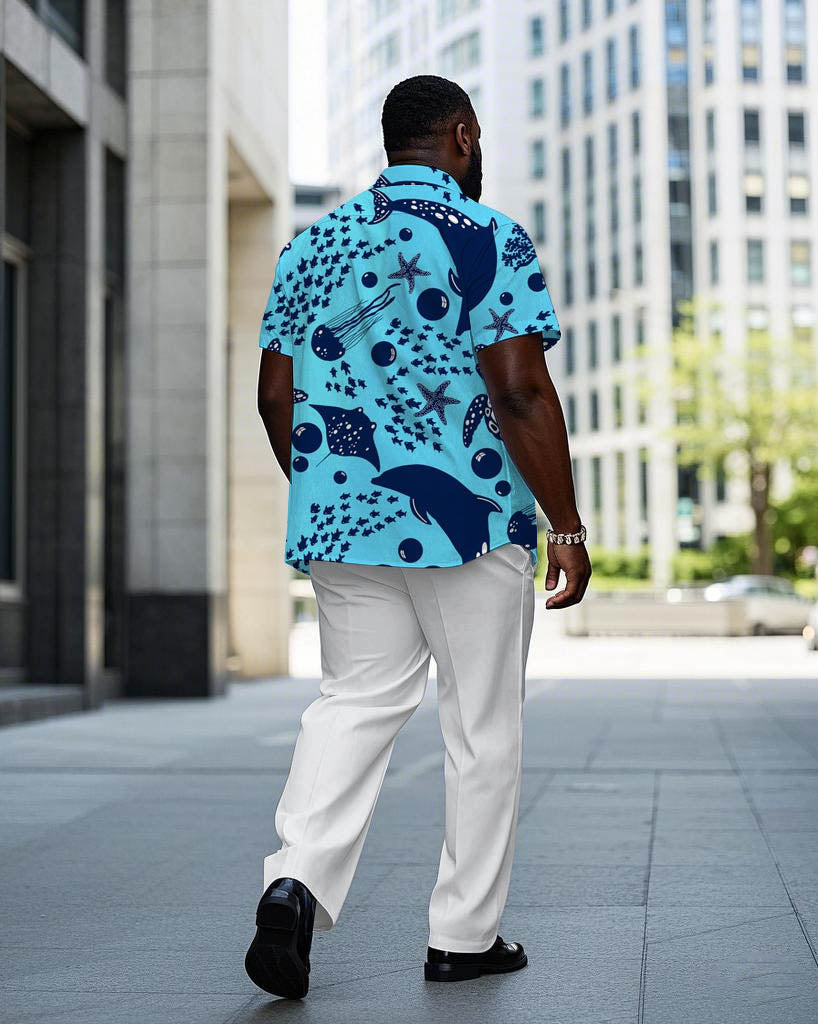 Hawaii Underwater World Pattern Short Sleeve Shirt Trousers Suit Men's Plus Size
