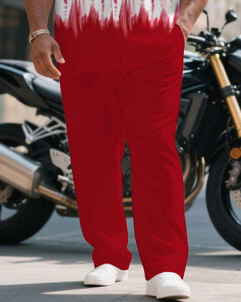 Men's Plus Size Red Handmade Eco-friendly Tie-dye Craft Short Sleeve Shirt Trousers Suit