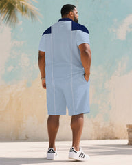 Big & Tall Men's Summer Blue Business Small Label Printed Polo Short Sleeve Shirt Shorts Suit