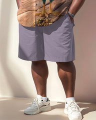 Men's Plus Size Street Fashion Purple Cartoon Fun Chick Print Shirt Shorts Suit