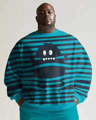 Men's Simple Green Stripe Cartoon Print Plus Size Round Neck Sweatshirt Suit