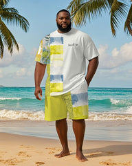 Big & Tall Men's Hawaiian Teal Striped Alphabet Print Round Neck Short Sleeve T-Shirt Shorts Suit