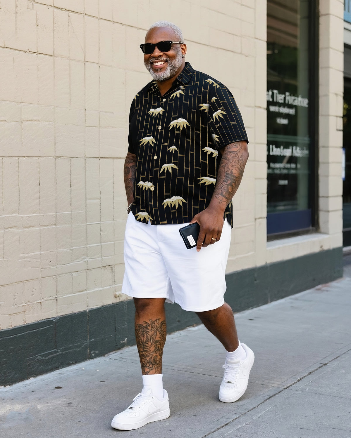 Big & Tall Men's Daily Leisure. High-grade Irregular Bamboo Forest Printed Shirt Shorts Suit