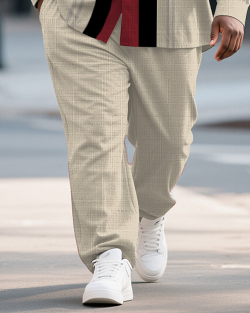 Big & Tall Men's Business Khachi Striped Print Bamboo Hemp Texture Long Sleeve Shirt Trousers Suit