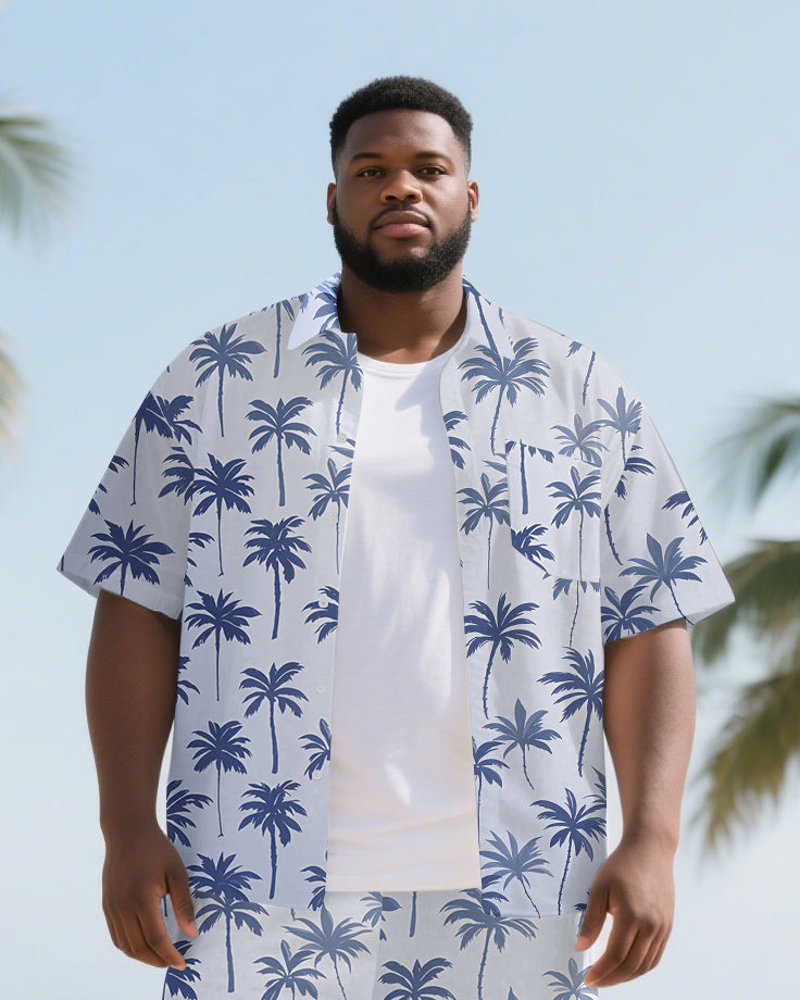 Men's Outdoor Hawaiian Style Coconut Trees Printed Big & Tall Short Sleeve Shirt Shorts 2-Piece Set