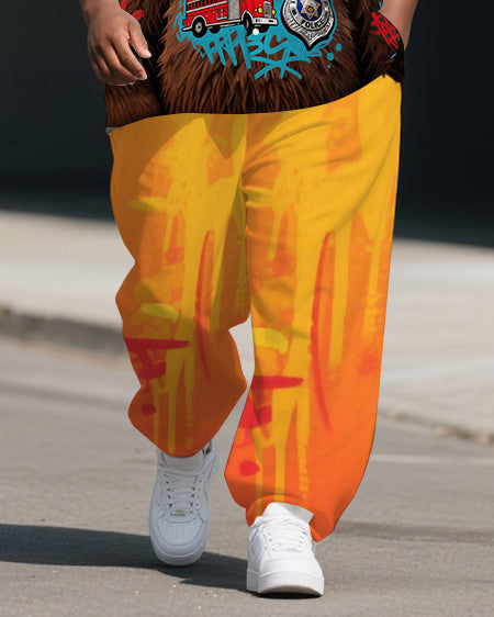 Men's Smoking Bear Gradient Fashion Casual Big Size 2-Piece Short Sleeve Shirt Pants Set