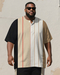 Men's Plus Size Black Khaki Colorblock Stripe Print Henley Collar T-Shirt Trousers Suit