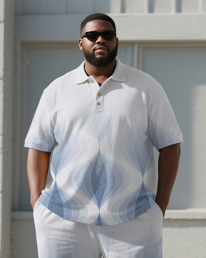 Big & Tall Men's Business Blue Gradient Geometric Print Short Sleeve Polo Shirt Shorts Suit