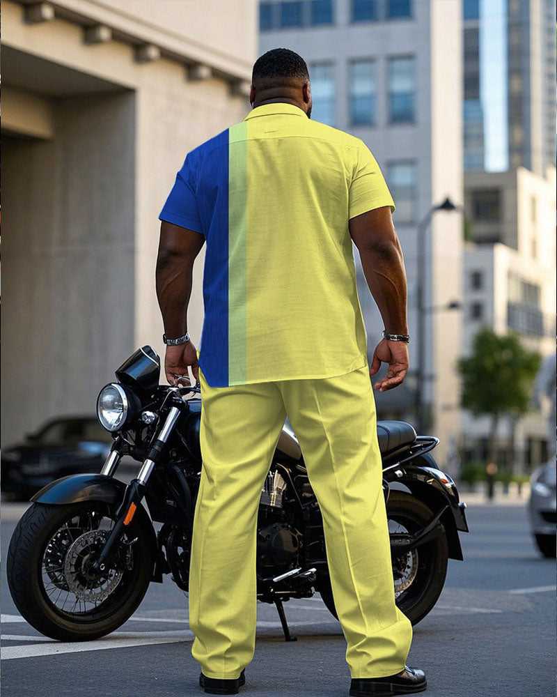 Men's Plus Size Simple Casual Blue & Yellow Colorblock Short Sleeve Shirt Pants Suit
