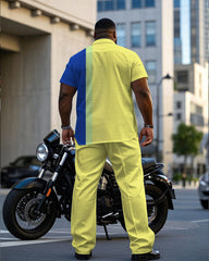 Men's Plus Size Simple Casual Blue & Yellow Colorblock Short Sleeve Shirt Pants Suit