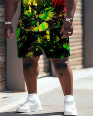 Street Cartoon Red And Green Color Block Splash Ink Print Large Men's Suit