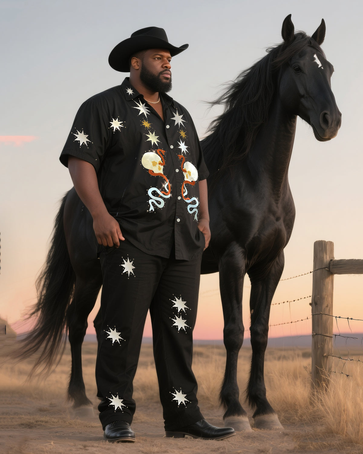 Big & Tall Men's Daily Leisure Western Wind Stars & Skull & Rattlesnake-Short Sleeve Shirt Pants Suit
