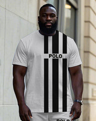Big Men's Simple Sporty Black Stripe POLO Letter Printed Fashion Short Sleeve T-shirt Pants Set
