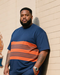 Big Boy Daily Casual Prussian Blue Spelling Hermes Orange Striped Crewneck Short Sleeve T-shirt Flame Trousers Suit