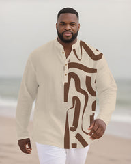 Big & Tall Men's Khaki Colorblock Geometric Print Bamboo Hemp Texture Henry Collar Long Sleeve Shirt