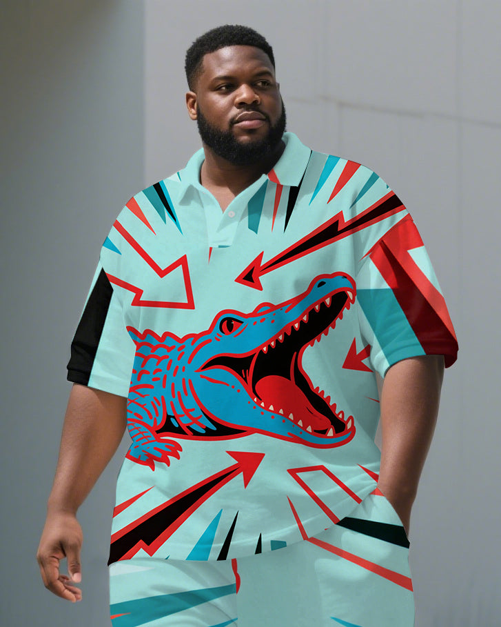 Big Guy's Fantasia Crocodile Cartoon Anime Style Short-Sleeve Polo Shirt & Shorts Set