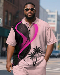 Big & Tall Men's Hawaiian Pink Coconut Print Short Sleeve Polo Shirt Shorts Suit