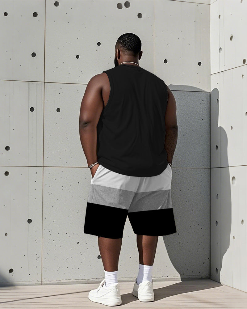 Men's Plus Size Black Gray Striped Size 7 Football Printed Vest Shorts Suit
