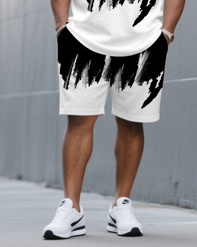 Men's Plus Size Casual Black & White Ink Brush Chest Lion Small Label Fashion Round Neck Short Sleeve T-shirt Shorts Suit