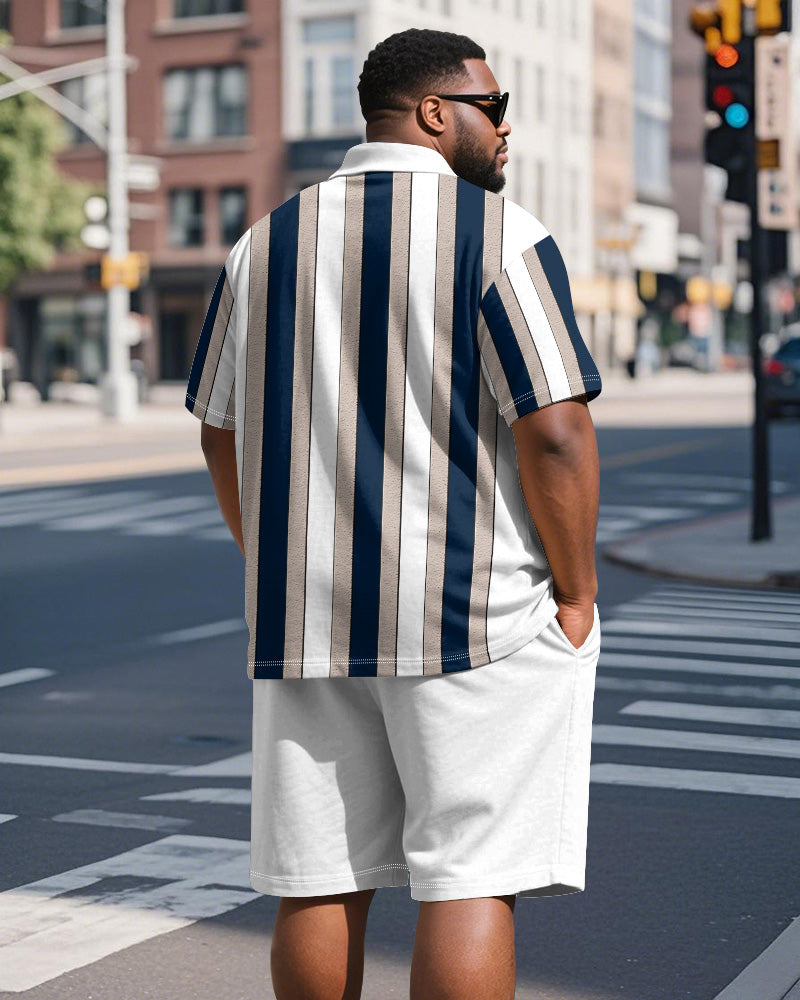 Men's Plus Size Business White Blue Stripe Print Short Sleeve Polo Shirt Shorts Suit
