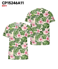 Men's Plus Size Hawaiian Green Floral Print Henry Collar Button Short Sleeve Tee