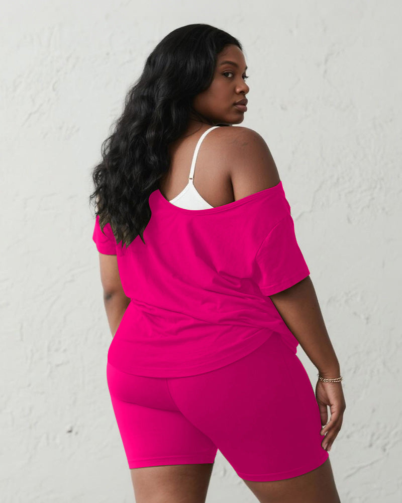 Women's Plus Size Daily Casual Rose Red Love Printed Short Sleeve Shorts Suit