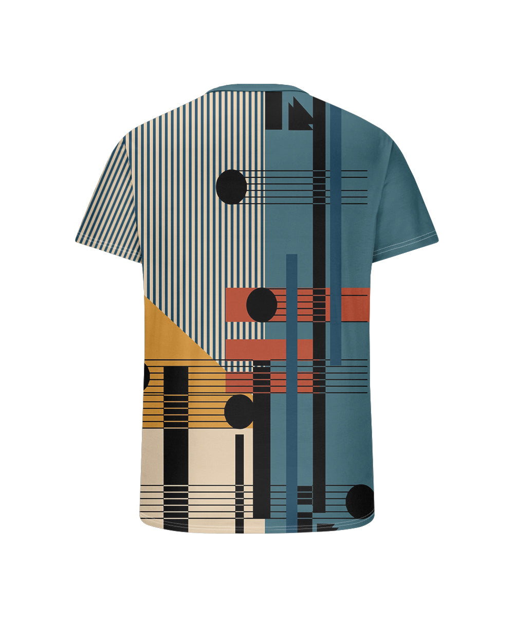 Big & Tall Men's Blue Colorblock Geometric Stripe Printed Henry Collar Button Short Sleeve Tee
