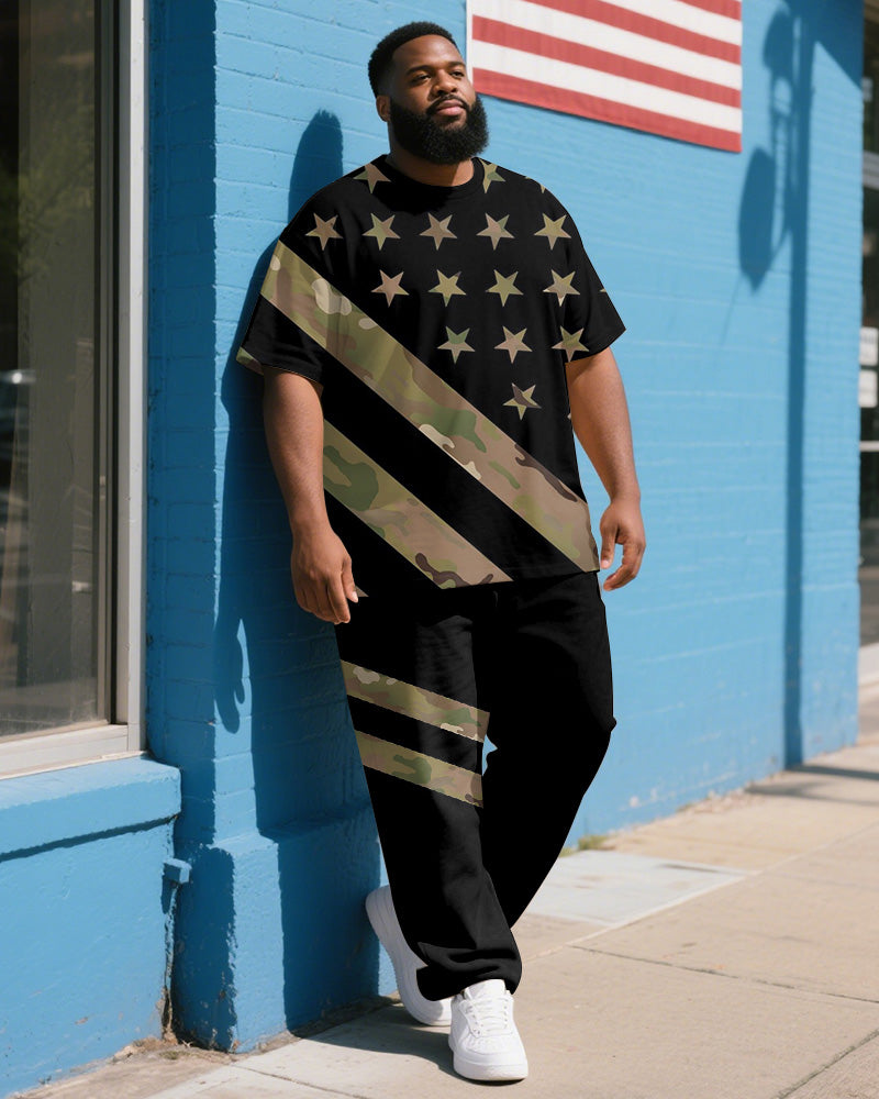 Men's Plus Size Independence Day Camouflage Colorblock Striped Star Print T-Shirt Trousers Suit