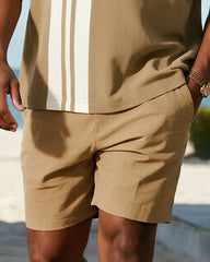 Big & Tall Men's Business Khaki Striped Print Short Sleeve Zip Polo Shirt Shorts Suit