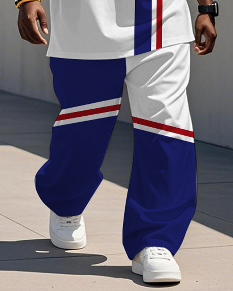 Men's Plus Size Blue And Red Stripe Colorblock Alphabet Print Henry Collar T-Shirt Trousers Suit